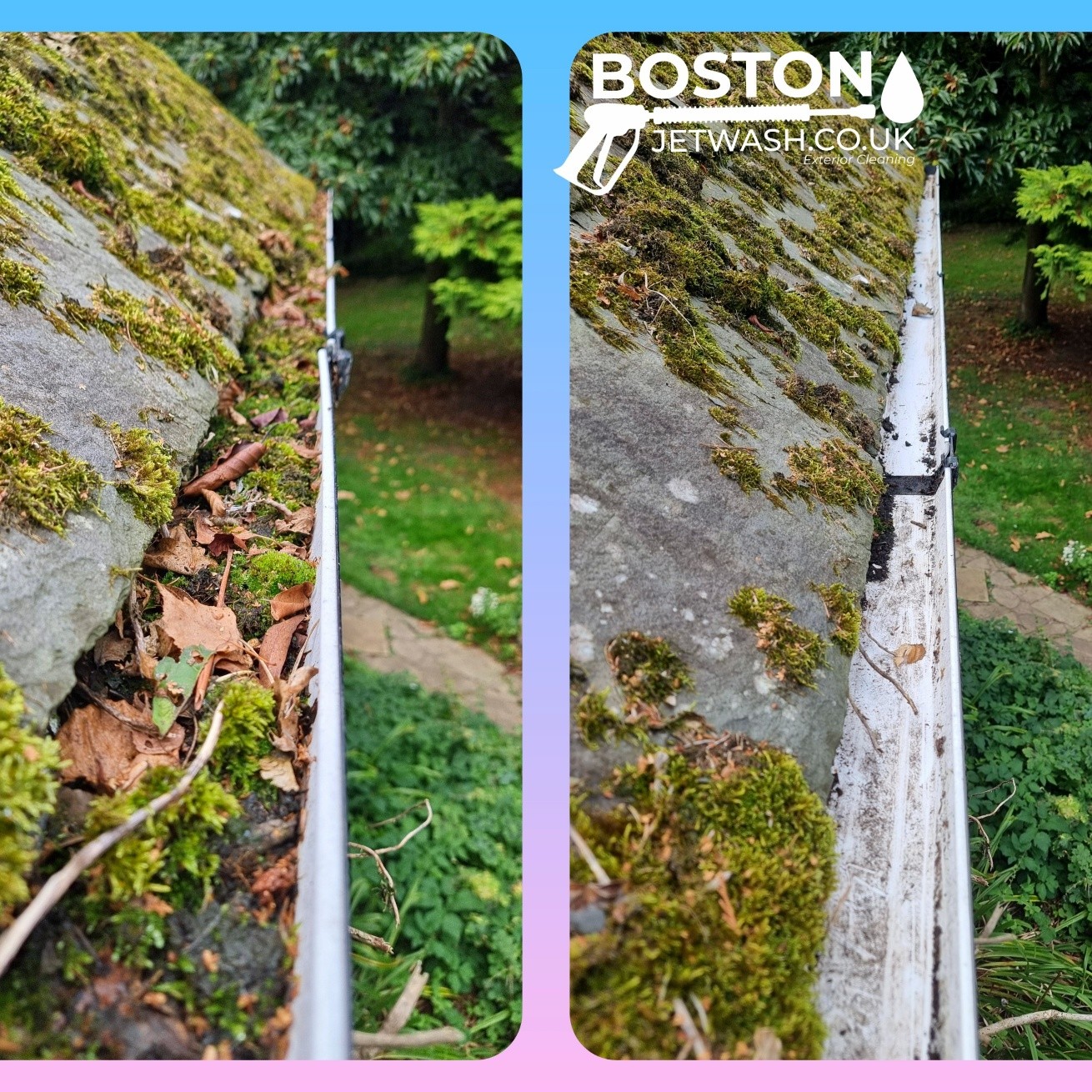 gutter-cleaning-lincolnshire A before and after shot of guttering. Cleaned by Boston Jet Wash.