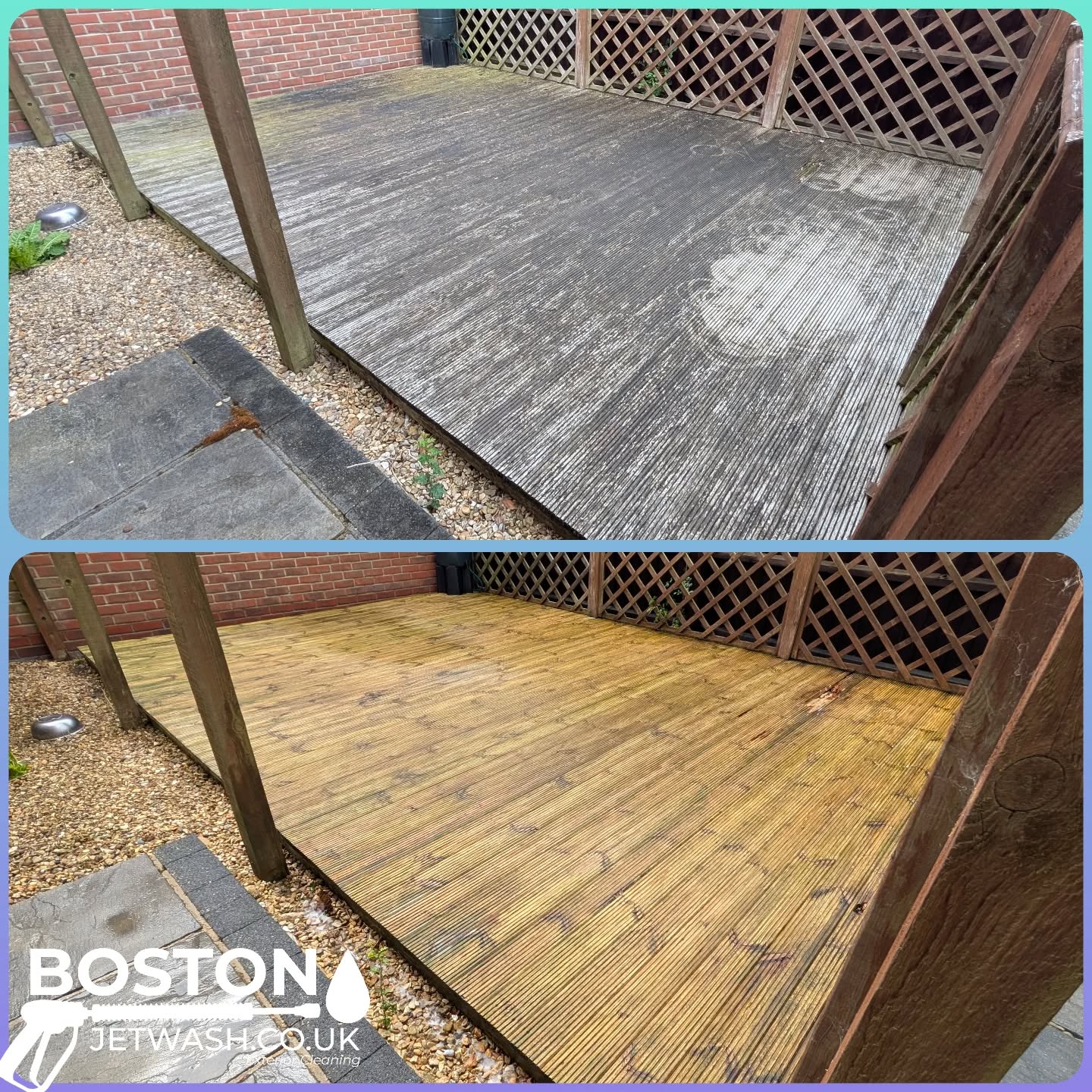 decking-cleaning-by-Boston-Jet-wash An image of decking, before and after cleaning by Boston Jet Wash