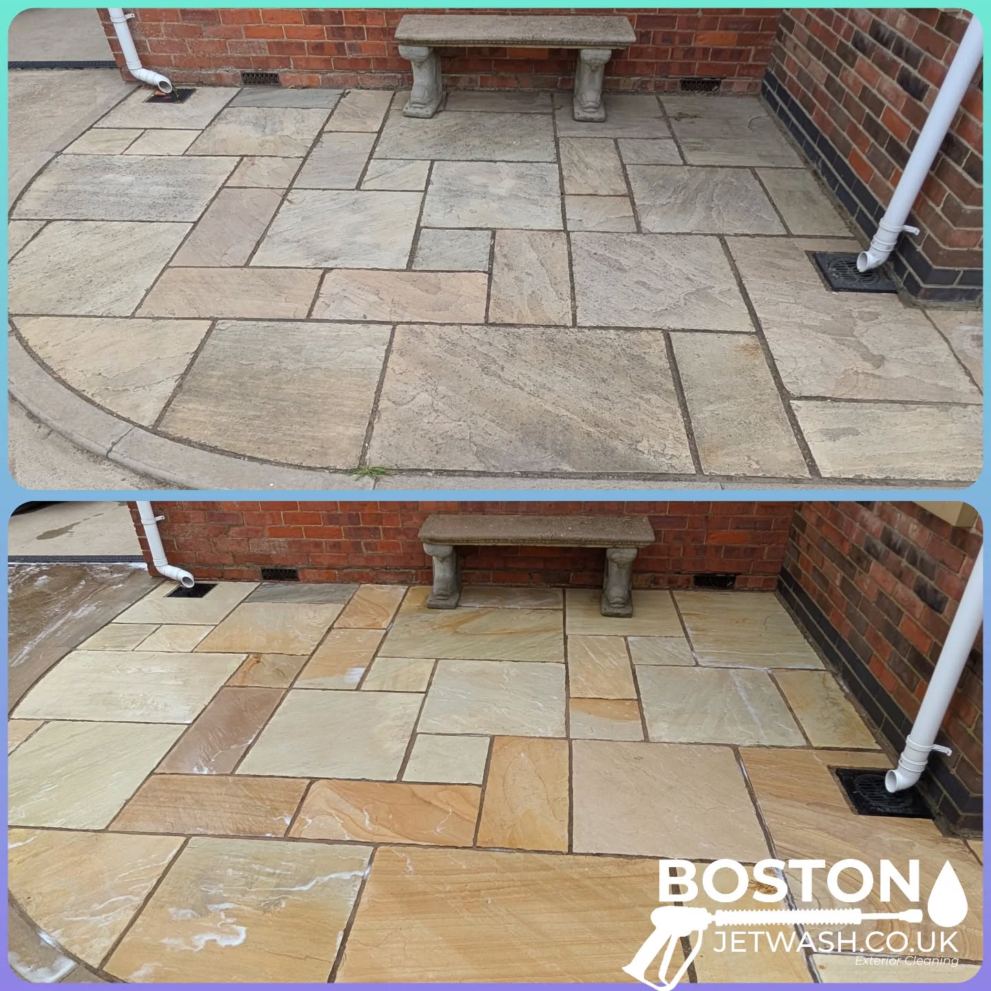 paving-cleaning-lincolnshire A before and after of cleaned pavement, conducted by Boston Jet Wash.