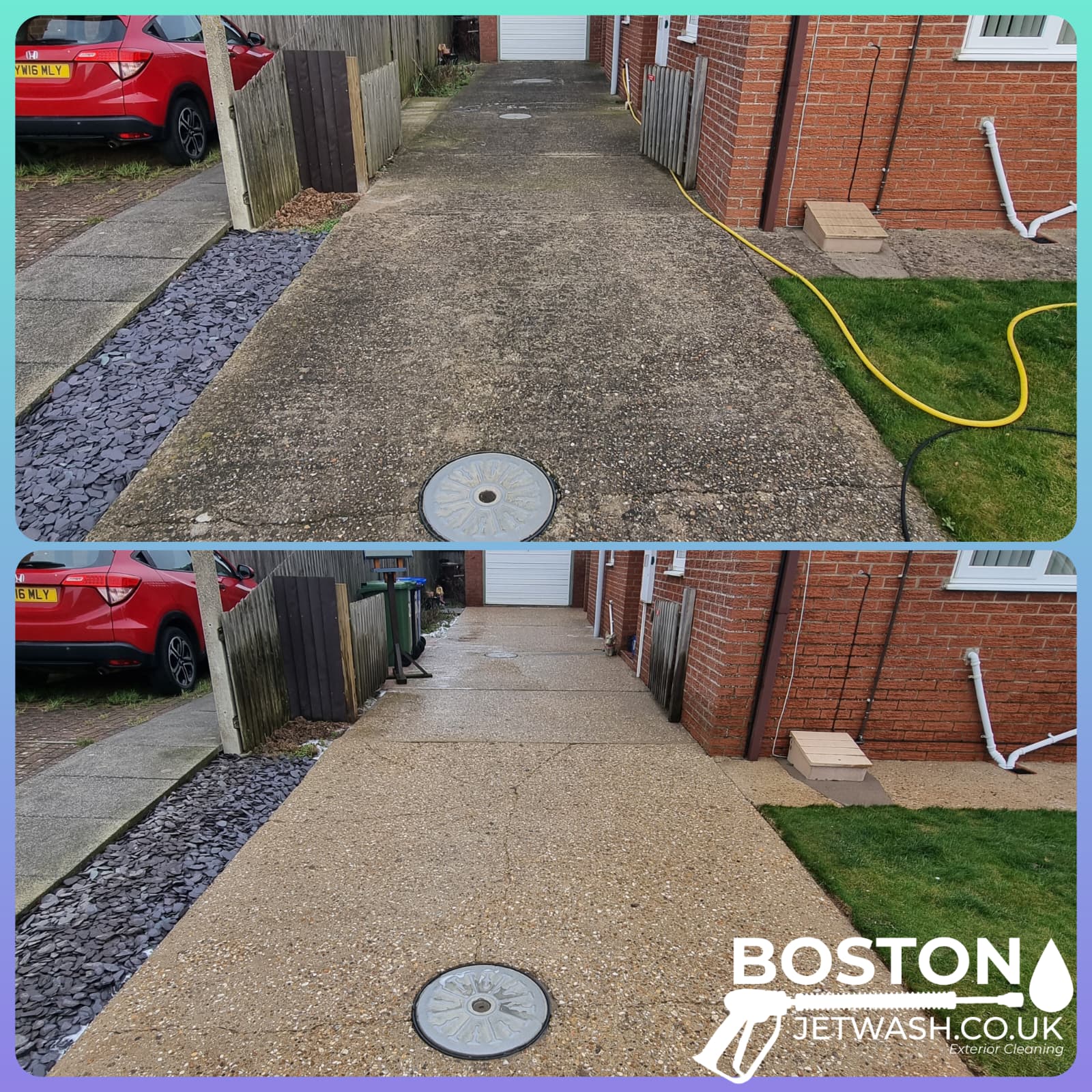 Concrete driveway cleaning, before and after images by Boston Jet Wash.