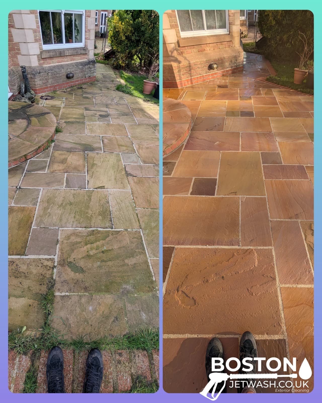A block paving driveway cleaned by Boston Jet Wash. Before and after. 