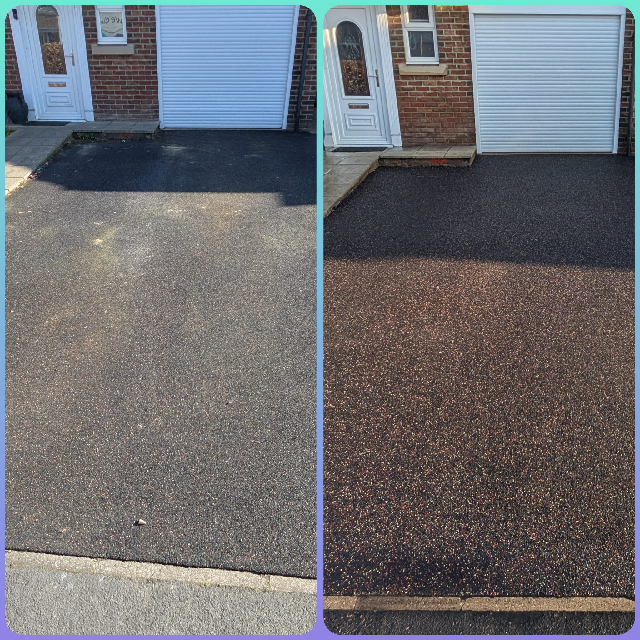 A before and after of a patio cleaned by Boston Ketwash.