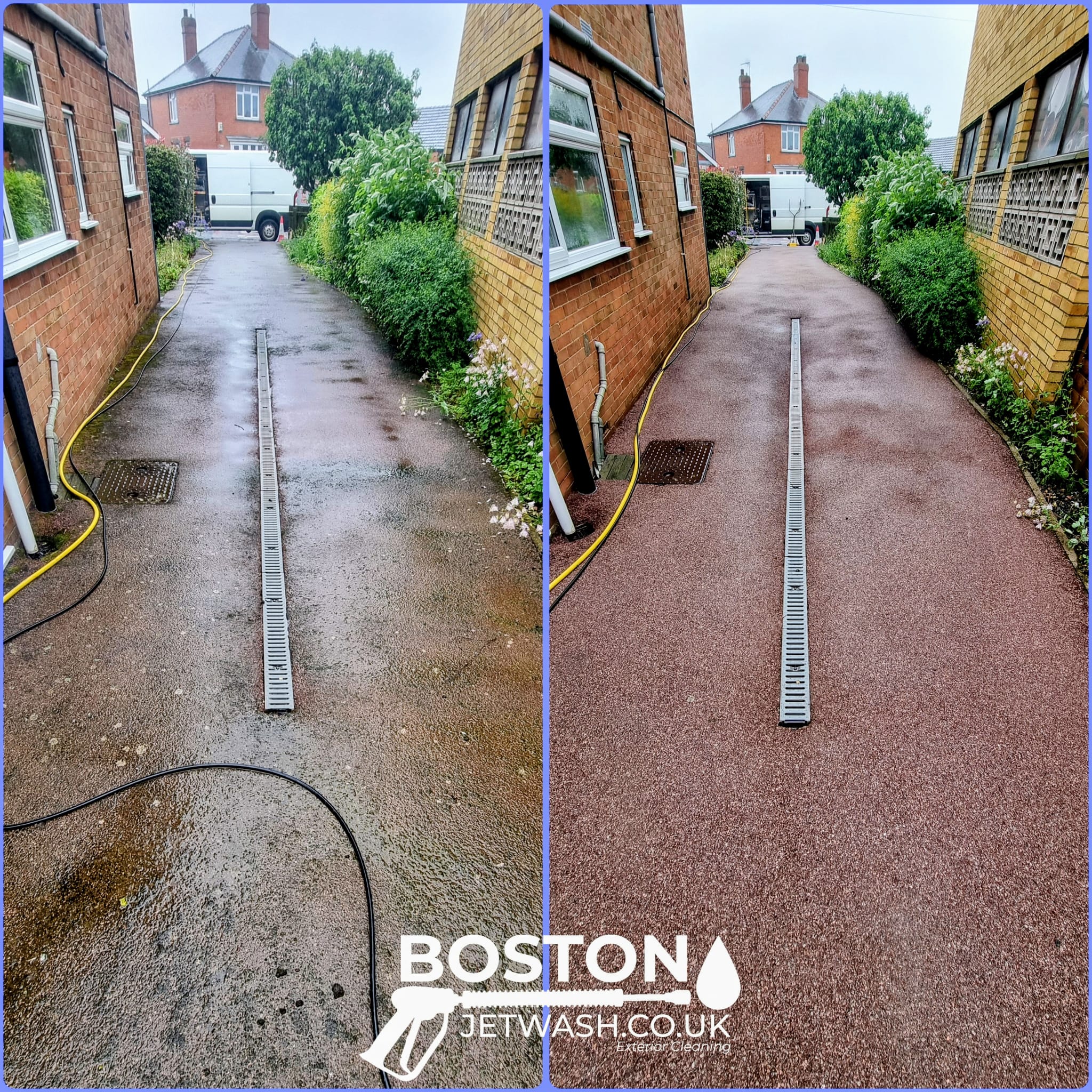 Tarmac driveway cleaning, before and after image. By Boston Jet Wash. 