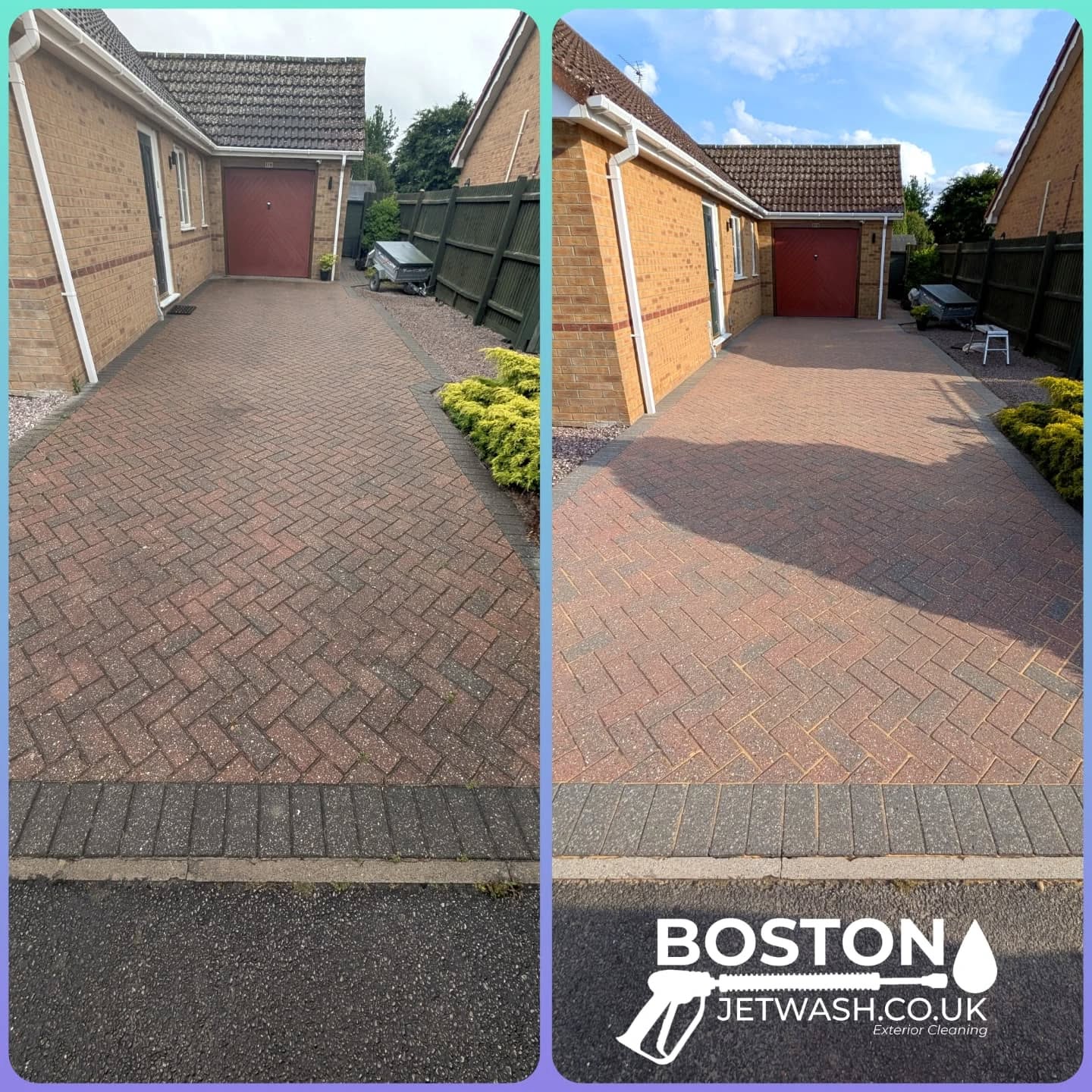 A block paving driveway cleaned by Boston Jet Wash. Before and after. 