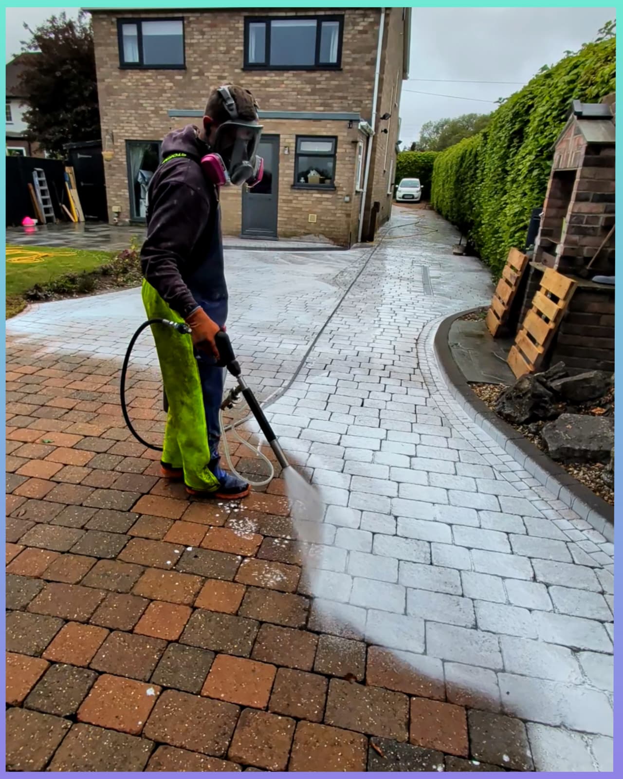 Tarmac driveway cleaning, before and after image. By Boston Jet Wash. 