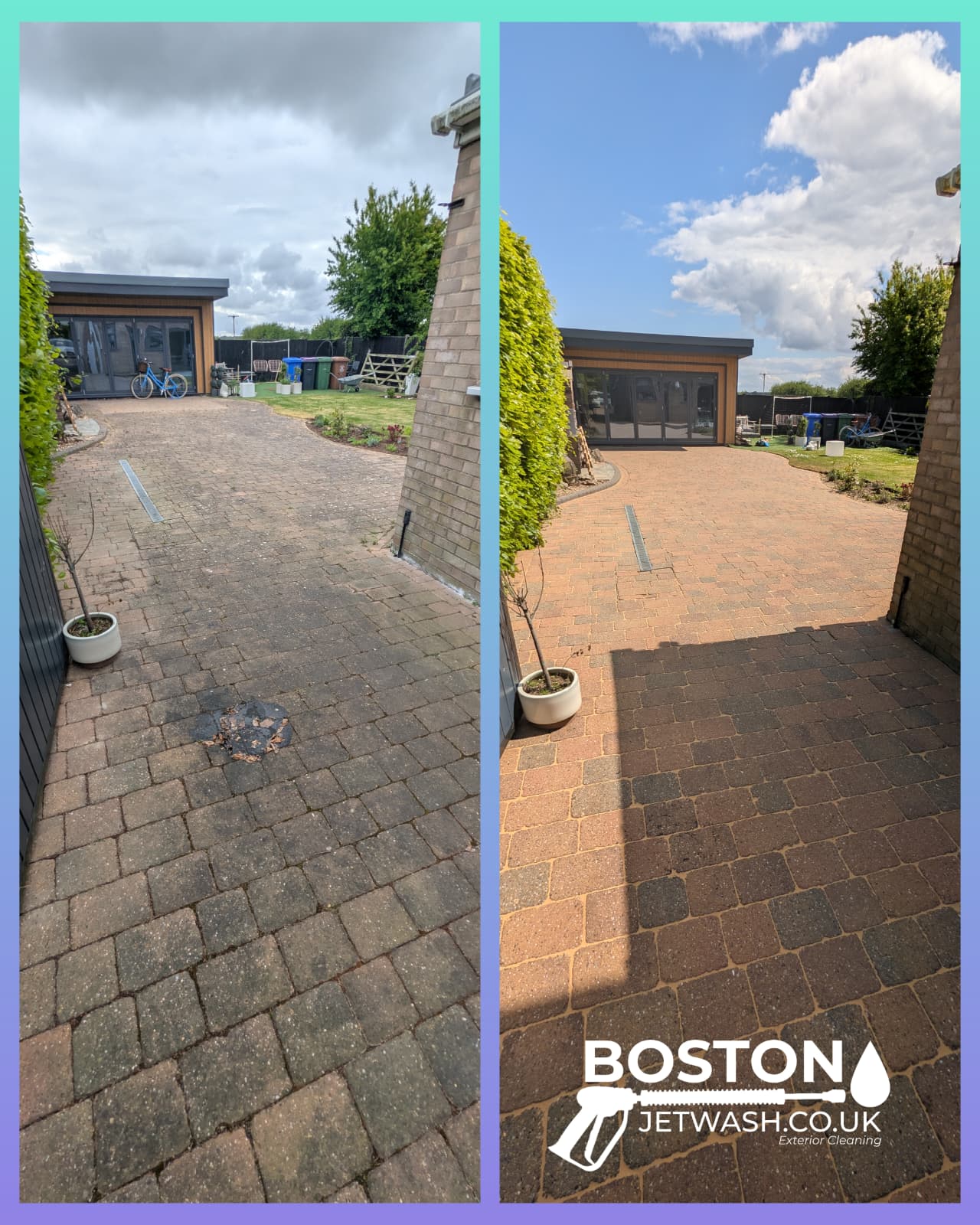 Tarmac driveway cleaning, before and after image. By Boston Jet Wash. 