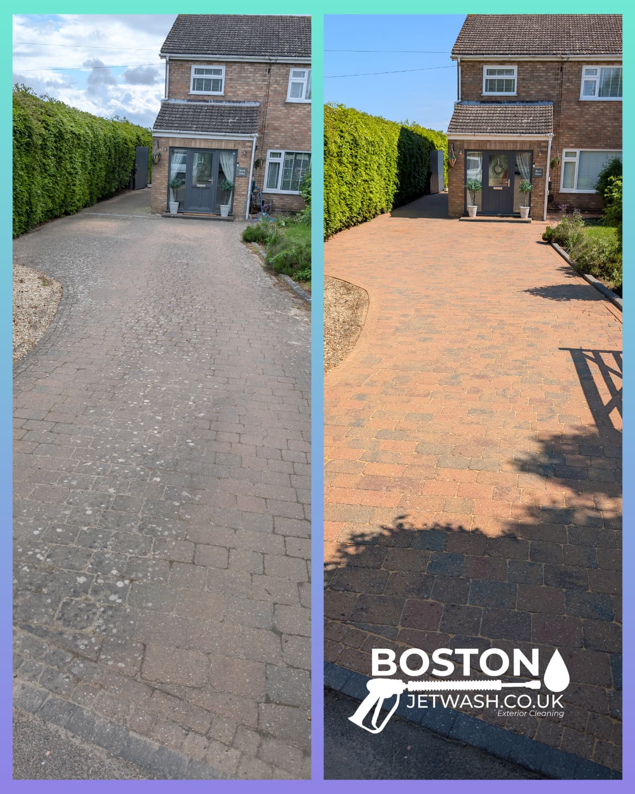 Lichen stained block paving cleaned by Boston Jet Wash