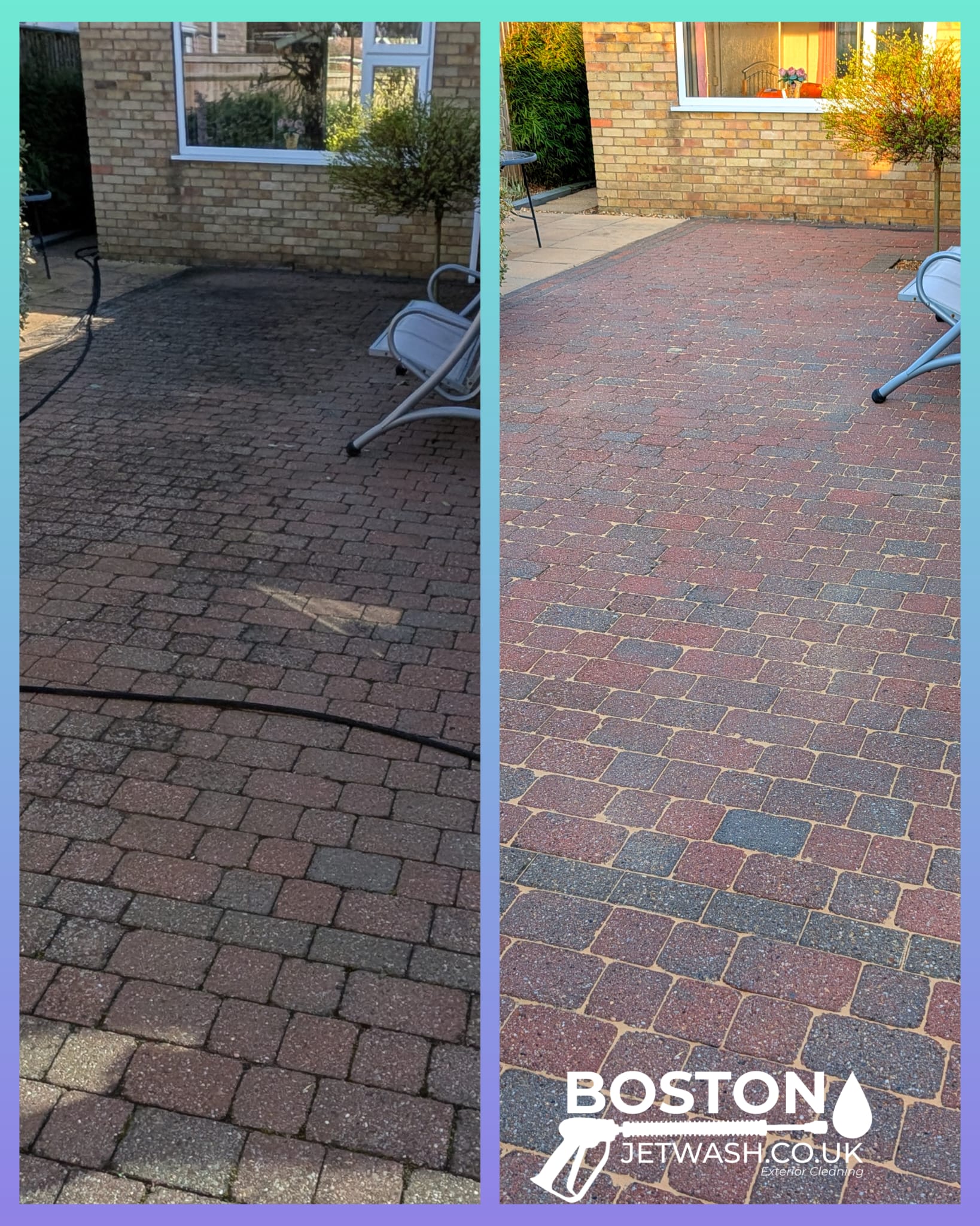 A cleaned block paving before and after, from Boston Jet Wash.