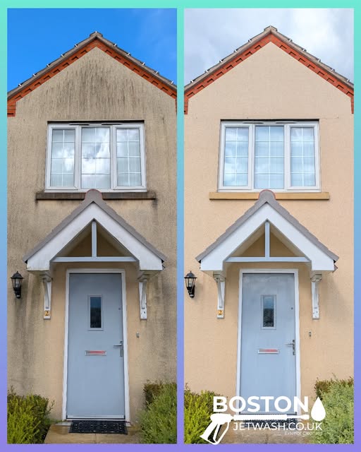 A before and after shot of a house with it's rendering cleaned, by Boston Jet Wash