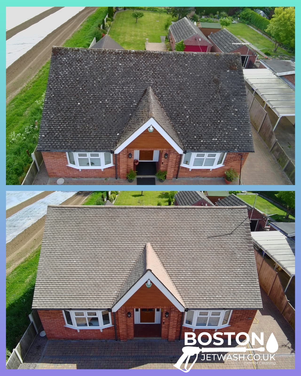 A before and after roof clean, in Lincolnshire. From Boston Jet Wash.