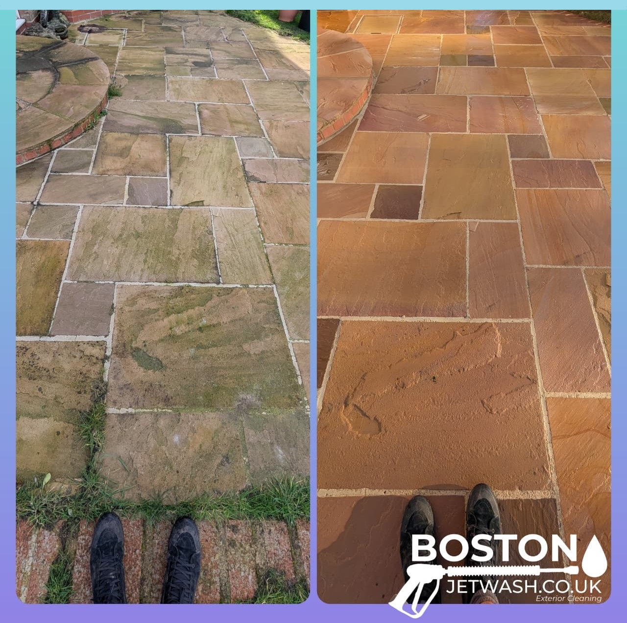 A before and after of cleaned pavement, conducted by Boston Jet Wash.